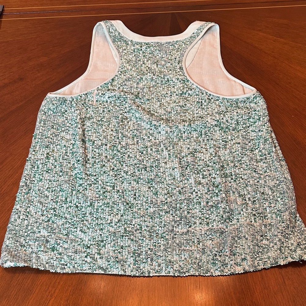 Diane von Furstenberg Silk Sequined Sleeveless Top Blouse Teal Green Racerback - Picture 8 of 14